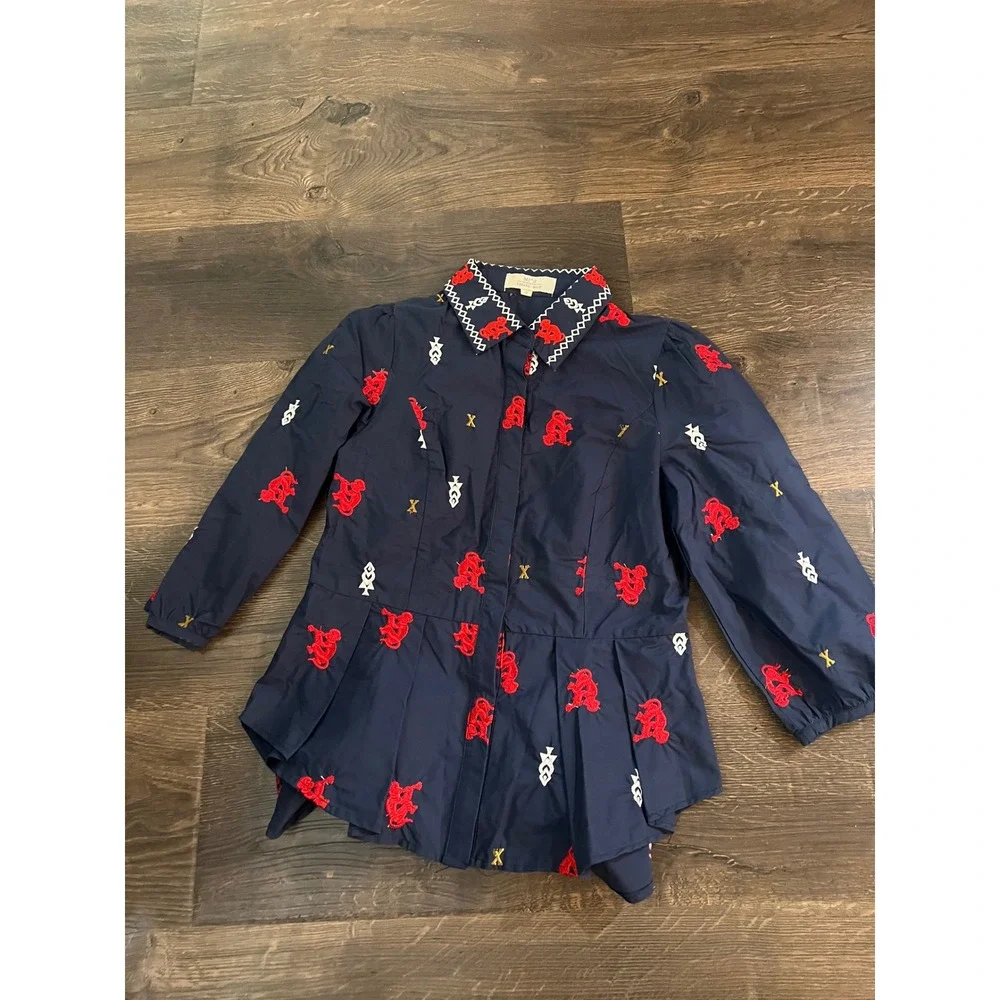 MI^2 Square Mile Navy Blue Embroidered Peplum Blouse Top Red White Small
